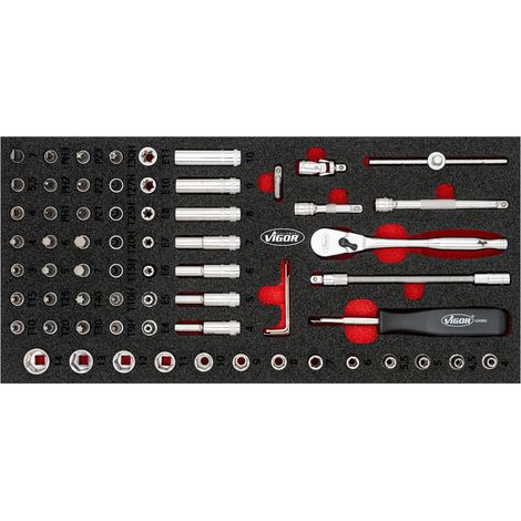 VIGOR Steckschlüssel Werkzeug Satz, 67-tlg., 0,8 x 4 – 1,2 x 7 mm, 3 – 14 mm, E4 – E11, PH1 – PH3, PZ1 – PZ3, T9H – T30H, T10 – T40, Anzahl Werkzeuge: (1/2)