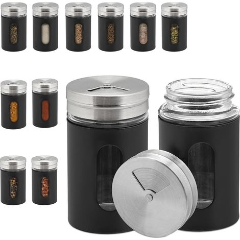 Lot de 12 Saupoudreuse à épices, 3 Tailles, Verre et Acier Inoxydable, 90 ML, Cuisine