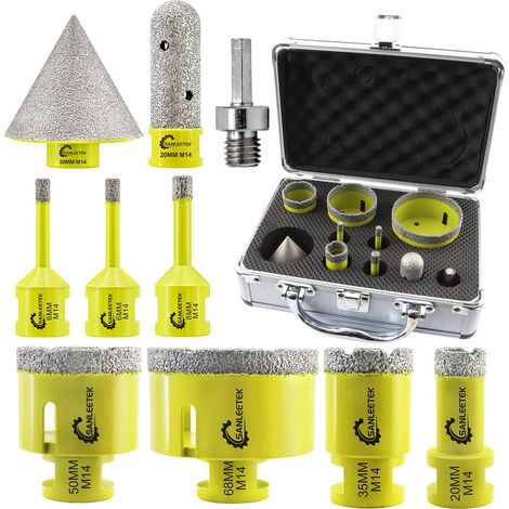 Foret Diamant Kit Trepan Carrelage - 10pcs (6/6/8/20/35/50/68mm+20mm Fraise Diamant+50mm Mèches de Chanfrein+Adaptateur) Scie Cloche Carrelage Céramique Porcelaine Marbre Granit M14 Filetage (1/5)