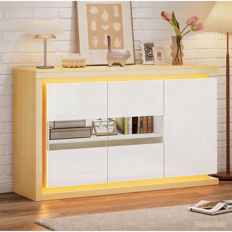 buffet enfilade 140 cm LED verre trempé blanc OKMYHOME (1/5)