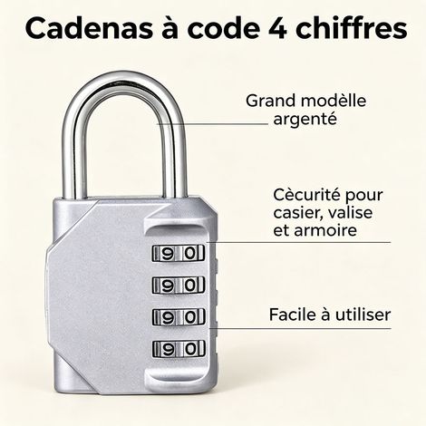 Lot de 2 cadenas à combinaison 4 chiffres, cadenas de sécurité grand modèle argenté, antivol pour casier, armoire, bagage et portail - Argenté (1/5)