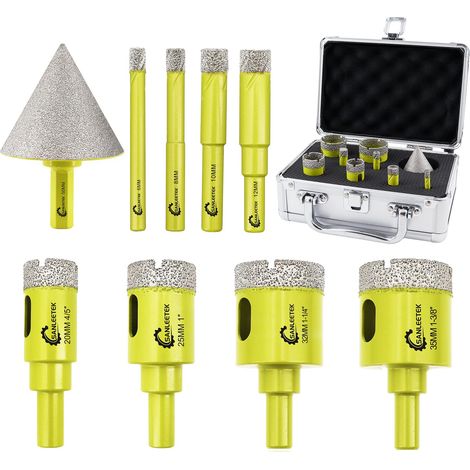 Foret Diamant Carrelage Kit 9Pièces 6/8/10/12/20/25/32/35mm+50mm Queue Hexagonale Mèches de Chanfrein Scie Cloche avec Tige Ronde pour Céramique Porcelaine Marbre Granit Quartz (1/5)