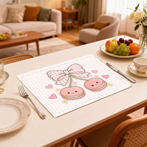 Lot de 4 sets de table, dessous de verre et dessous de plat en lin imprimé à nœud rose et cerises, parfaits pour les repas de fête, les réunions de famille et bien plus encore. (1/5)