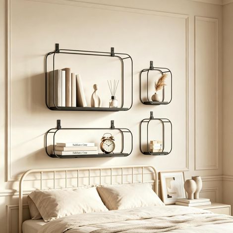 Set de 4 estantes de pared industriales de metal y MDF negros (1/5)