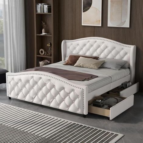 Lit - KOMHTOM - Tête Haute Chesterfield - 140x200 - 2 grands tiroirs - Sommier à lattes (1/5)