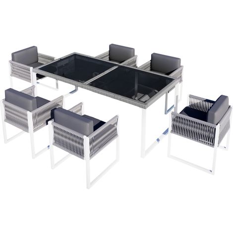 Ensemble Repas de Jardin 6 Places en Corde Tressée, Table en Verre Trempé et 6 Chaises Extérieur avec Coussins, Gris et Blanc (1/5)