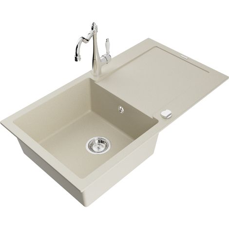 Mexen Leo évier en granit 1 bac avec égouttoir et robinet de cuisine Carla, beige - 6501-69-670700-00 (1/5)