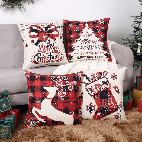 Lot de 4 housses coussin Noël rouges 45x45 cm motifs hiver "Let It Snow" (1/4)