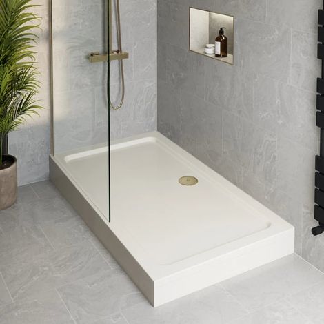 800 x 760mm White Bathroom Non Slip Shower Tray for Enclosures with Brass Waste + Riser Kit, Square (1/5)