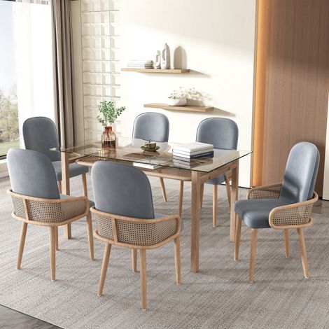 Lot de 6 chaises de salle à manger en velours gris, design en résine tressée, pieds en métal effet bois, charge 150 kg, pour salon ou chambre FLORAGRACE (1/5)