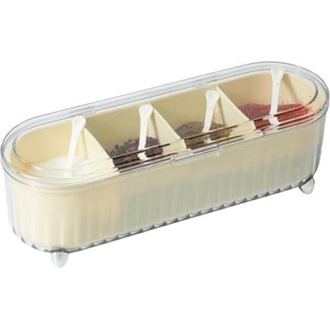 Boîte d'assaisonnement transparente avec 4 compartiments – Organiseur d'épices avec couvercles et cuillères – Ensemble de récipients à condiments pour sel, sucre, poivre, et plus encore (1/5)