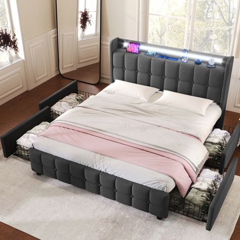 Bett Doppelbett Stauraum 180x200 LED USB Grau OKMYHOME (1/5)