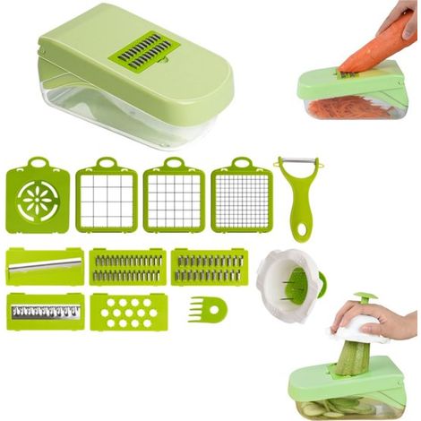 Coupe-légumes multifonction 14 pièces - râpe et trancheuse manuelle pour fruits, vert (1/5)