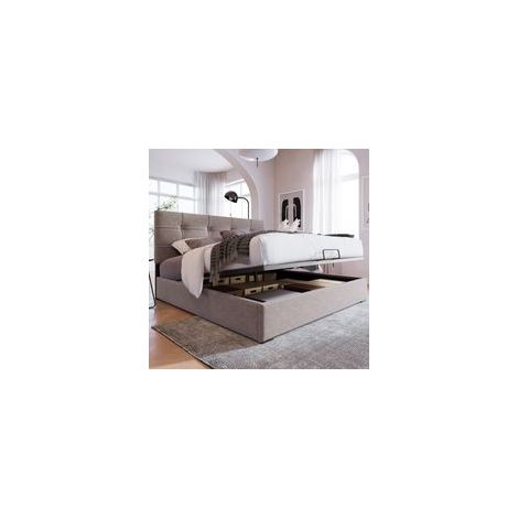 Lit double hydraulique lit rembourré 140x200cm, tête de lit réglable, lit avec espace de rangement, gris clair (1/5)
