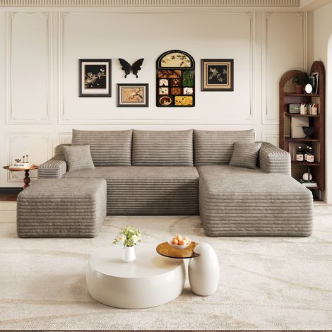 Canapé d’angle 4 places sans montage 241x151x58 cm, canapé nuage avec méridienne, assise profonde, velours côtelé, camel (1/5)