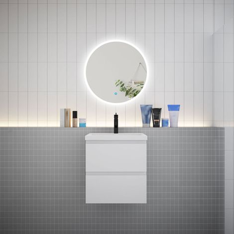 Ensemble meuble vasque L.50cm 2 tiroirs + lavabo + LED miroir rond 60cm,blanc (1/5)