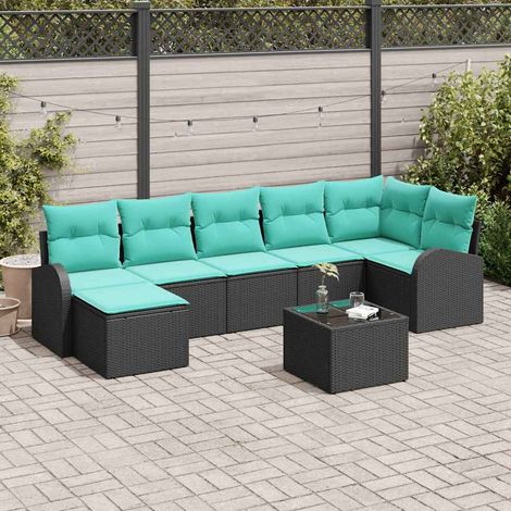 Ensemble salon de jardin modulable 8 pièces en polyrotin noir et turquoise - PANGIVO (1/5)