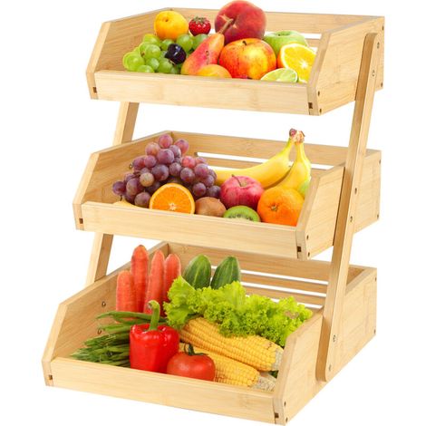 Panier 3 Étages en Bambou Naturel avec Grille Ventilée - Rangement Fruits & Légumes Écologique (30x33x41cm), Design Multifonction pour Cuisine/Salon, Gain de Place & Hygiène (1/5)
