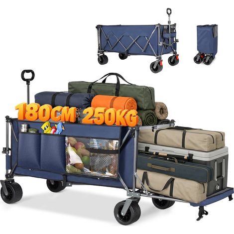 Chariot pliable 300L + 120L avec hayon, chariot pliable de 180 cm avec roues tout-terrain extra larges de 17 x 10 cm, idéal pour le jardin, les courses, la plage et les activités de plein air (bleu) (1/5)