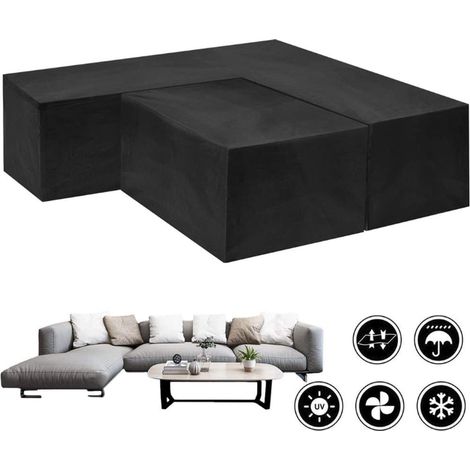 Housse Canapé d'Angle L 300x300x98cm, Housse pour Table Rectangulaire 155x95x68cm, 210D Oxford Imperméable, Cordons Serrage, Anti-vent, Anti-poussière pour Jardin