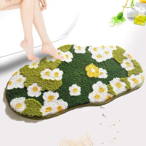 Niedliche, grüne, flauschige Badematte mit Blumenmuster, ästhetischer, saugfähiger und rutschfester Mikrofaser-Bodenteppich mit Pflanzenmotiv für Badewanne, Waschbecken und Dusche, 61 x 41 cm (1/5)