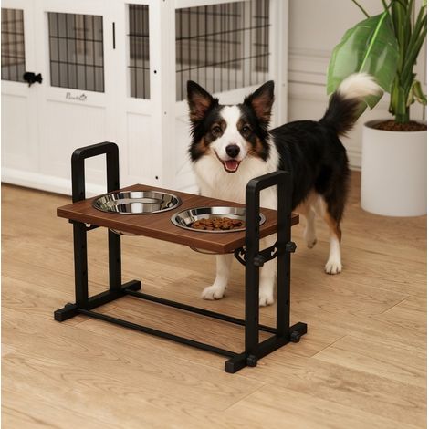 Gamelle surélevée chien réglable 48x26x36,5 cm en acier inoxydable marron, 2 bols FloraGrace (1/5)
