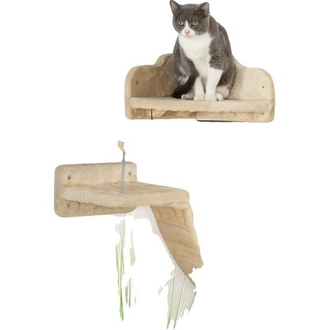 Ensemble d'étagères pour chats, matériau en aggloméré de bois, 4 pièces incluses, couleur beige et crème, plateformes recouvertes de peluche, design mural (1/5)
