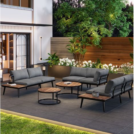 6-teiliges Gartenlounge-Set aus verzinktem Eisen in Antikgrau, mit Akazienholz, 2x 2-Sitzer, 2x Sessel, 2x Tisch (1/5)