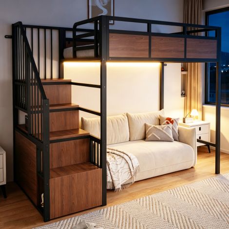 Cama alta metálica de 90 x 200 cm, estructura metálica con paneles de madera y barandilla de seguridad elevada, escalera de almacenamiento montable a ambos lados, con iluminación LED, cama infantil, c (1/5)