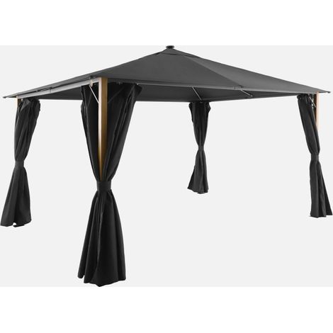 Gazebo de jardín 3x4m de aluminio efecto madera con cortinas y led