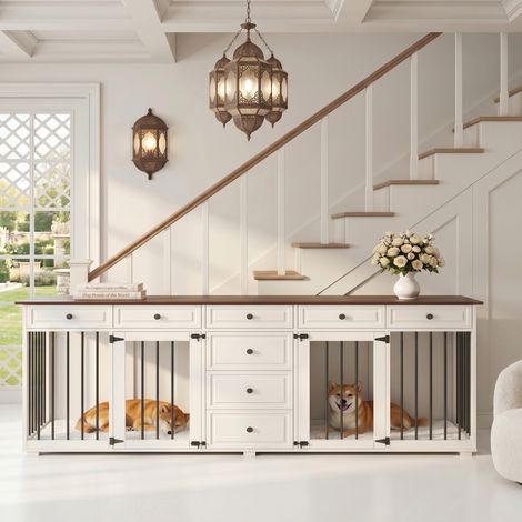 Meuble niche pour chien, meuble TV, niche d'intérieur en bois et métal, niche avec loquets, pour 2 chiens de petite à moyenne taille, structure en noyer et blanc, 200 x 60 x 85 cm (1/4)