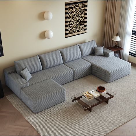 Divano angolare modulare 270x175x83 cm, senza montaggio, schiuma ad alta elasticità, tessuto a coste grigio (1/5)