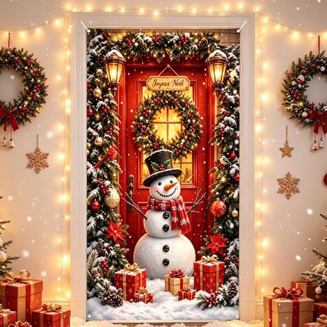 Deco Porte Noel 180 x 90 cm, Couverture de Porte Noel avec Bonhomme de Neige Joyeux Noël, Decoration Porte Noel pour Entrée Maison, Décoration de Noël Intérieur Extérieur Suspendue Réutilisable (1/5)