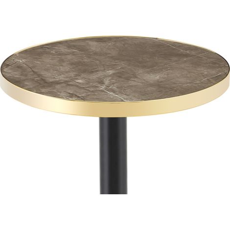 Mesa auxiliar redonda estilo mármol gris con borde dorado y estructura metálica negra y dorada (1/5)