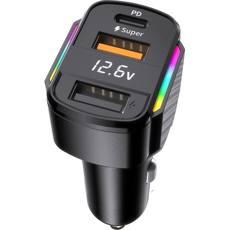 Chargeur allume-cigare USB-C 3 ports PD3.0 et QC3.0 avec voltmètre LED (1/5)