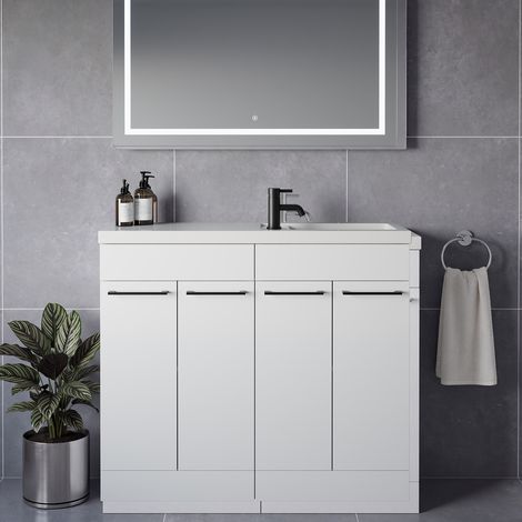 Napoli 250 Gloss White 1000mm 4 Door Vanity Unit with Square Silvo Basin - 1000mm - Matt Black 160mm Handle