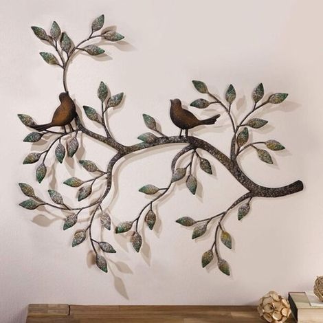 Oiseau Mural Art Déco, Une Paire D'oiseaux D'amour Sur Les Branches, Sculpture Murale En Métal À Suspendre, Décoration Murale En Fer Forgé Rétro, 58x 48cm (1/5)