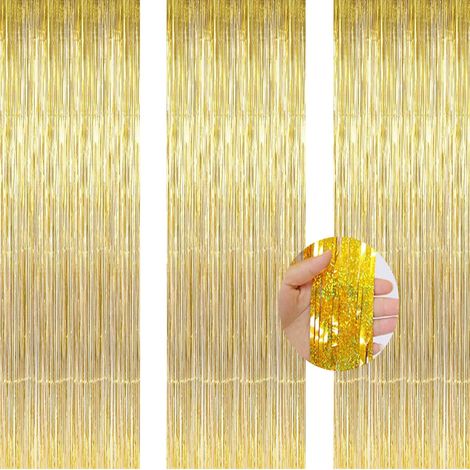 Pack de 3 Rideaux Laser Or 1x2m  Feuille Métallique à Franges, Rideaux de Décoration pour Fenêtre, Porte et Fête