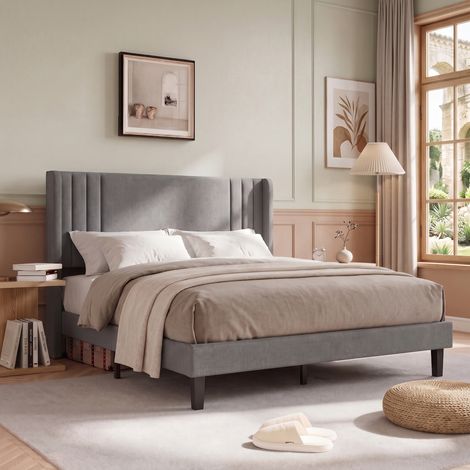 Superaly Lit simple 140x200cm, Tête de lit rembourrée en lin, Espace de rangement sous le lit, Sommier à lattes, Capacité de charge 350 kg, Style scandinave, Adapté aux enfants et adolescents, Gris (1/5)
