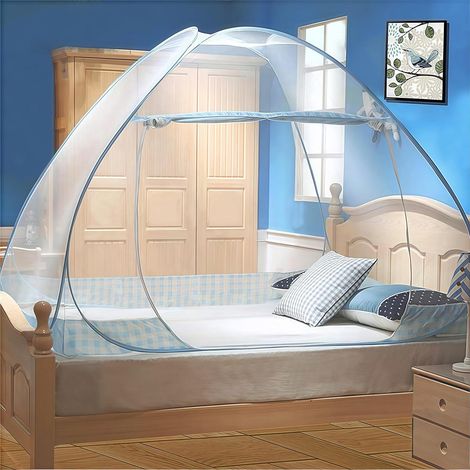 Moustiquaire 180 x 200 cm, montage rapide  Portable et pliable, idéale pour le camping et les chambres  Porte simple, bordure bleue (1/5)