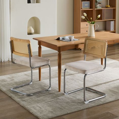 Lot de 2 chaises de salle à manger – velours beige, dossier rotin, base chrome - Chaise Idéales pour Cuisine et Salle à Manger - Style vintage (1/5)