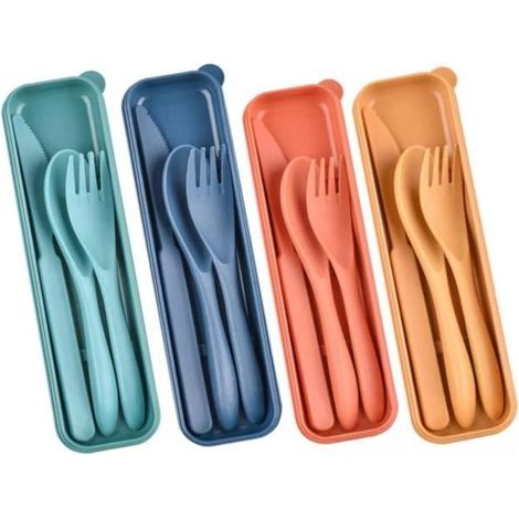 4 Ensemble de couverts avec étui,Ensembles de couverts portables,Ensembles de couteaux et de fourchettes en plastique, pique-nique (1/4)