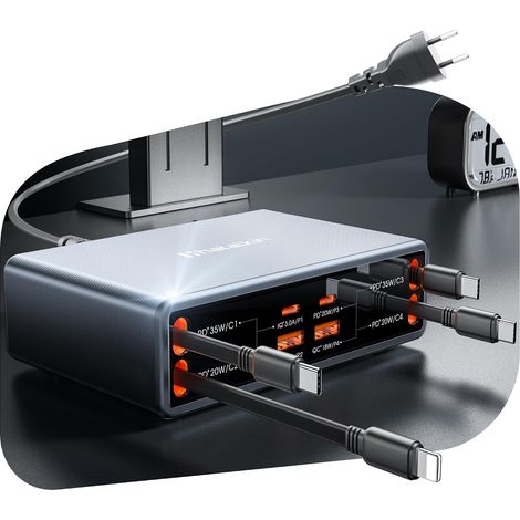 8-in-1 Station de Charge USB C,105W GAN Fast Chargeur Retractable Station de Recharge avec 4 Rétractables Câbles,Chargeur Multi Usb pour 15/16/17/Pro/Max/Air/mini,Un Bureau Bien Rangé (1/5)