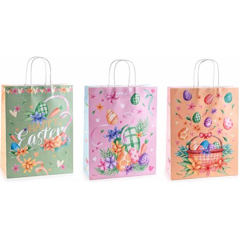 Grands sachets colorés en papier imprimé Pâques et inscription Happy Easter, lot de 45, 25,5 x 12,5 x H. 33 cm