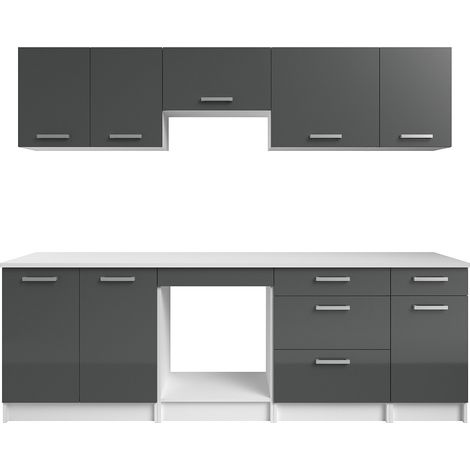 Cuisine complète - Avec plan de travail 240 cm - Gris brillant et Blanc - TRATTORIA