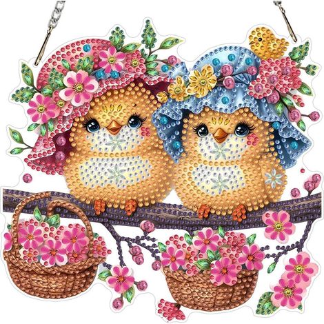 Kit pendentif Diamond Painting Fleurs & Poulet, kit de bricolage pour fenêtre 20x20cm (1/4)