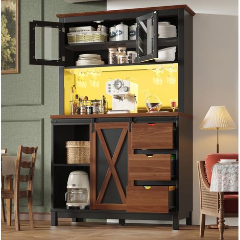 REDOM - Aparador alto de cocina 104x40x180 cm, LED con control por aplicación, puerta corredera, vidrio MDF metal negro (1/5)