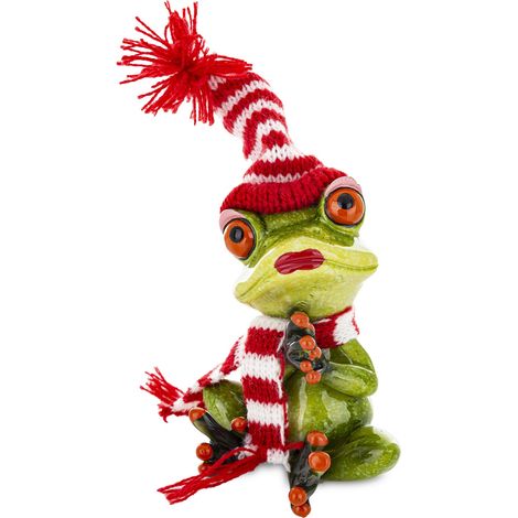 Statuetta natalizia a forma di rana con cappello e sciarpa, 14 cm (1/5)