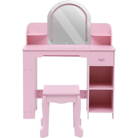 Coiffeuse Enfant 2-en-1 avec Miroir Lumineux LED 3 Couleurs et Tabouret, Table de Maquillage avec Tiroir, Bibliothèque et Étagères de Rangement pour Filles de 3 à 9 Ans