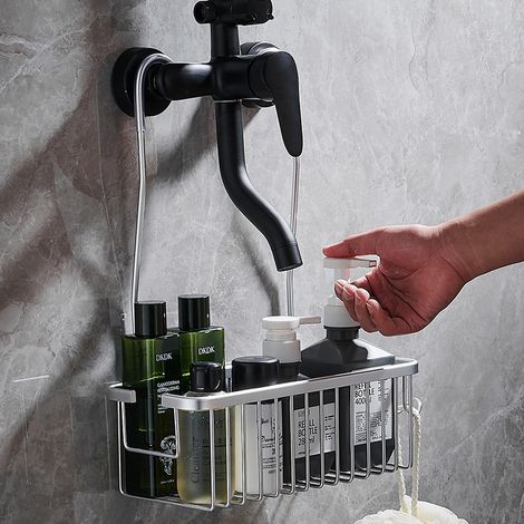 Panier de rangement suspendu pour salle de bain, boîte de rangement, support anti-perforation, pour gel douche et shampoing, argenté (1/5)